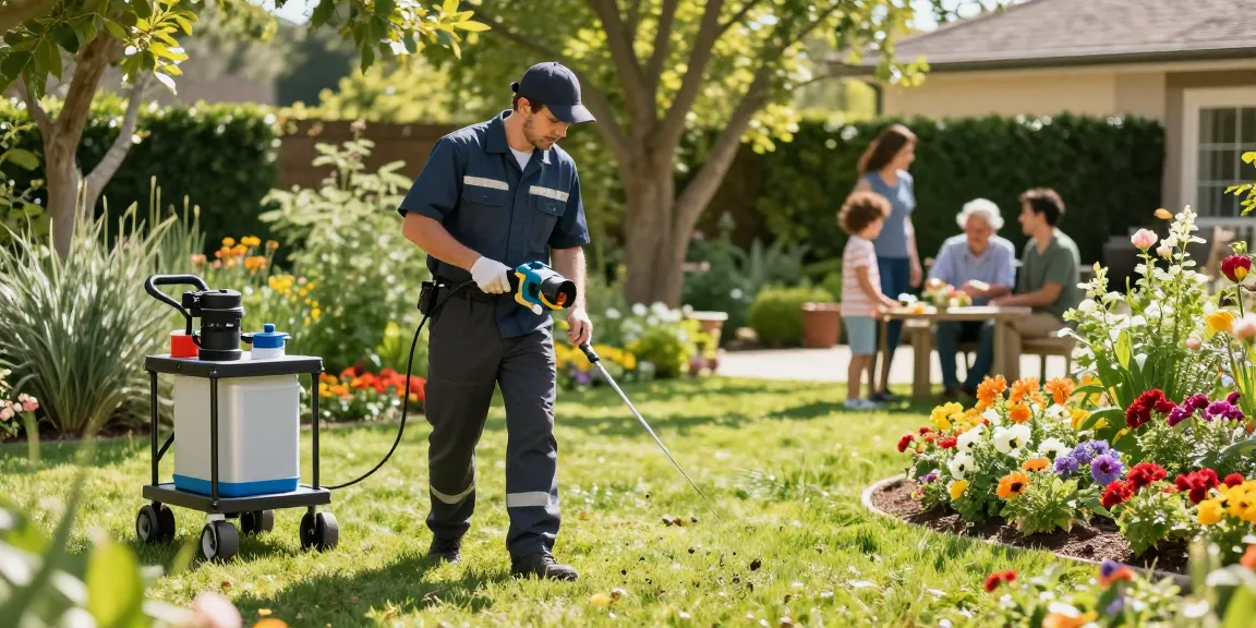 Pest control technician inspecting a thriving garden to ensure a pest-free environment.