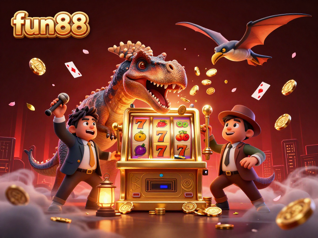 fun88 immersive scene with dinosaurs and a golden slot machine, showcasing excitement and action.