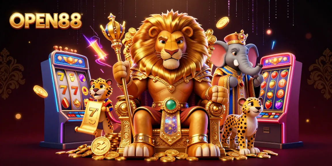 Immerse in the vibrant world of OPEN88 with a royal lion king, elephant advisor, and cheetah messenger.