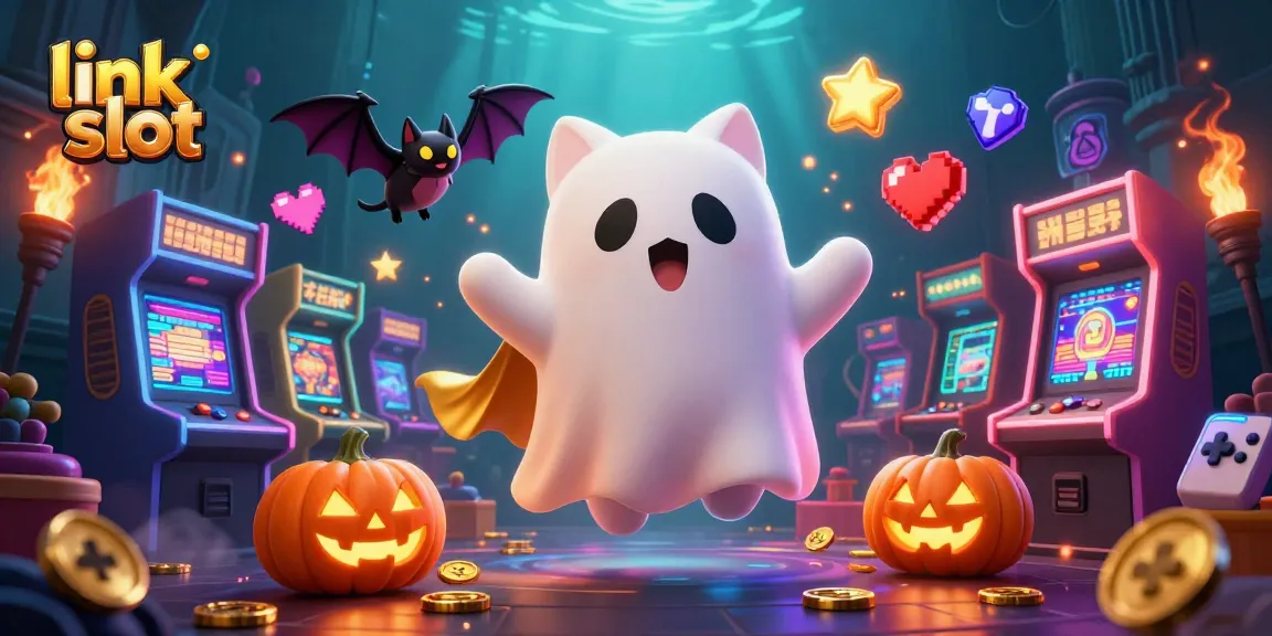 Mengakses permainan slot online melalui link slot di gambar iklan dengan karakter kucing hantu dan kelelawar.