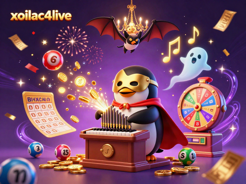 Experience excitement with xoilac4live, where a 3D cartoon penguin plays an organ shooting golden coins amidst vibrant casino elements.
