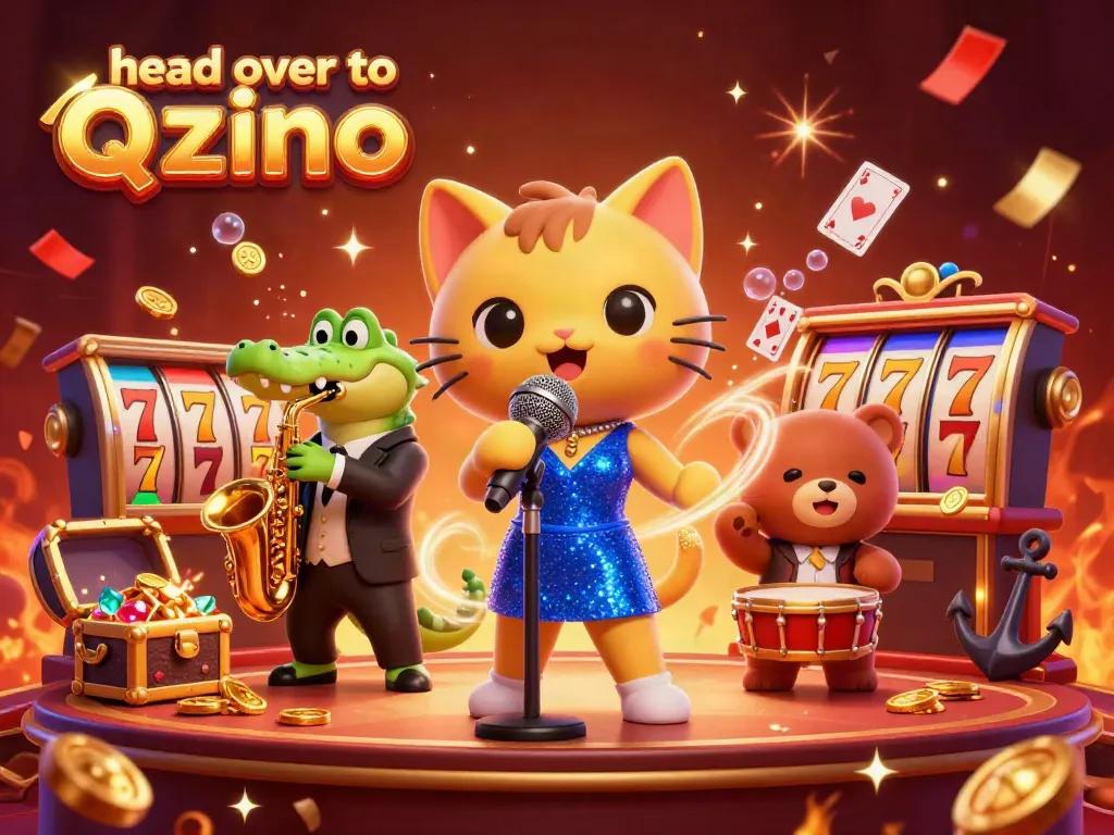 Head over to Qzino with vibrant casino-themed 3D characters celebrating and surrounded by jackpot elements.