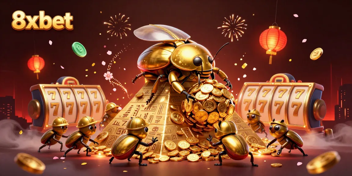 Experience thrilling action with 8x bet as a golden dung beetle team rolls coins and wins.
