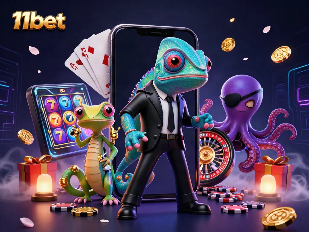 Experience thrilling gameplay with 11bet as a chameleon secret agent, gecko genius, and octopus villain unite in a colorful casino scene.