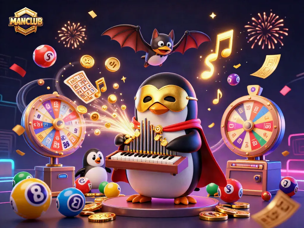 Engage with MANCLUB's vibrant casino-themed 3D illustration packed with dynamic lottery elements.