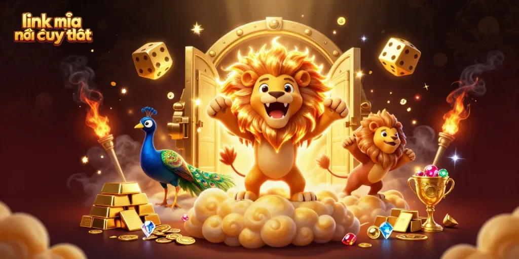 Engage in thrilling action with link vào nhà cái uy tín, featuring a vibrant 3D casino scene with roaring lion and dazzling treasures.
