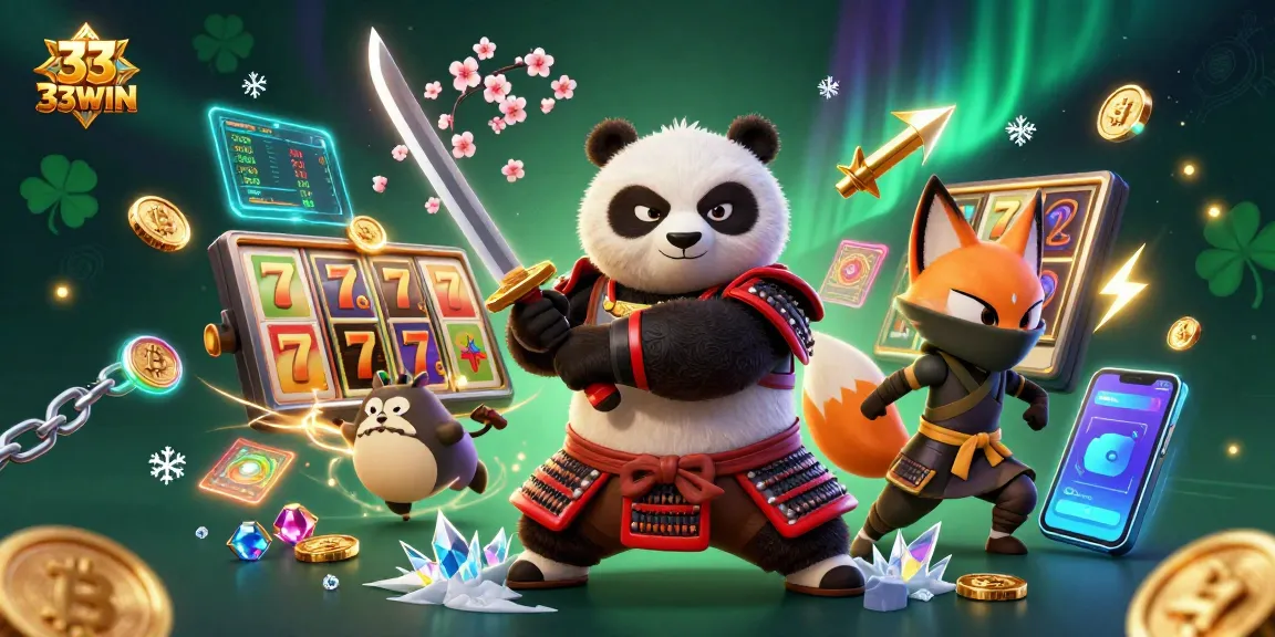 Explore the action at 33WIN with vibrant casino-themed characters amidst dynamic slot machine elements.