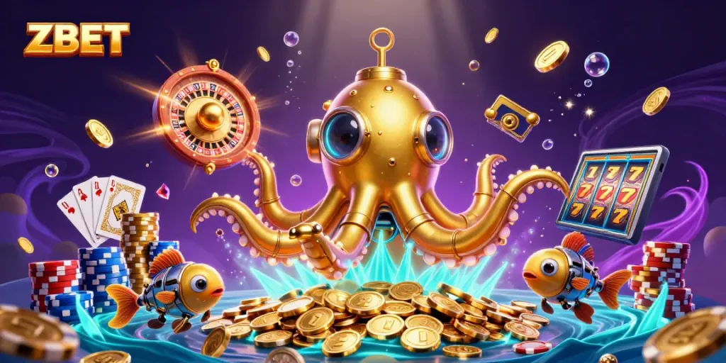 ZBET showcases a vibrant casino adventure with dynamic characters and sparkling treasures.