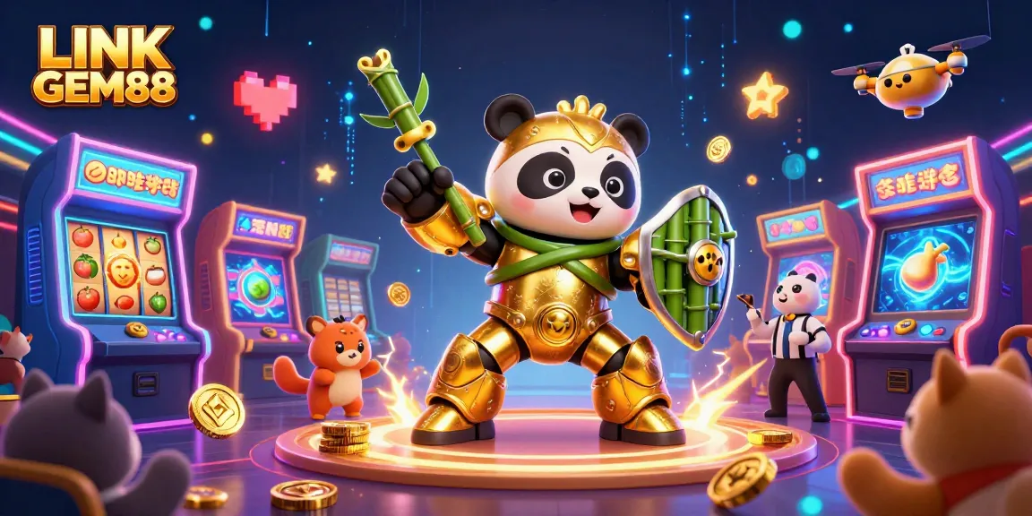 Spin to win with LINK GEM88 as a mech-suit golden panda showcases a dynamic casino scene.