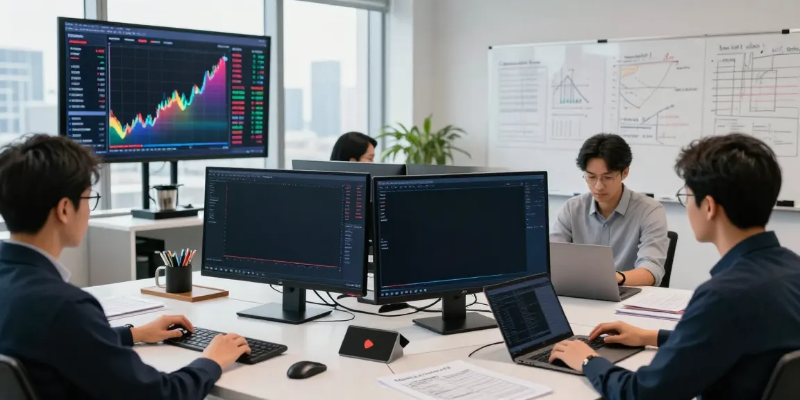 Traders analyzing stock trends on AI software at slatecapivex.ca in a modern office.