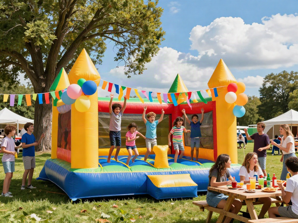 Children enjoying a bounce house at a festive outdoor party with colorful decorations.