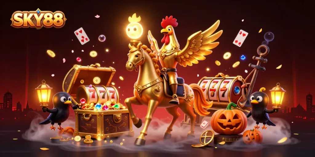 Experience thrilling gameplay with SKY88 in a vibrant casino scene filled with golden treasures and festive decorations.