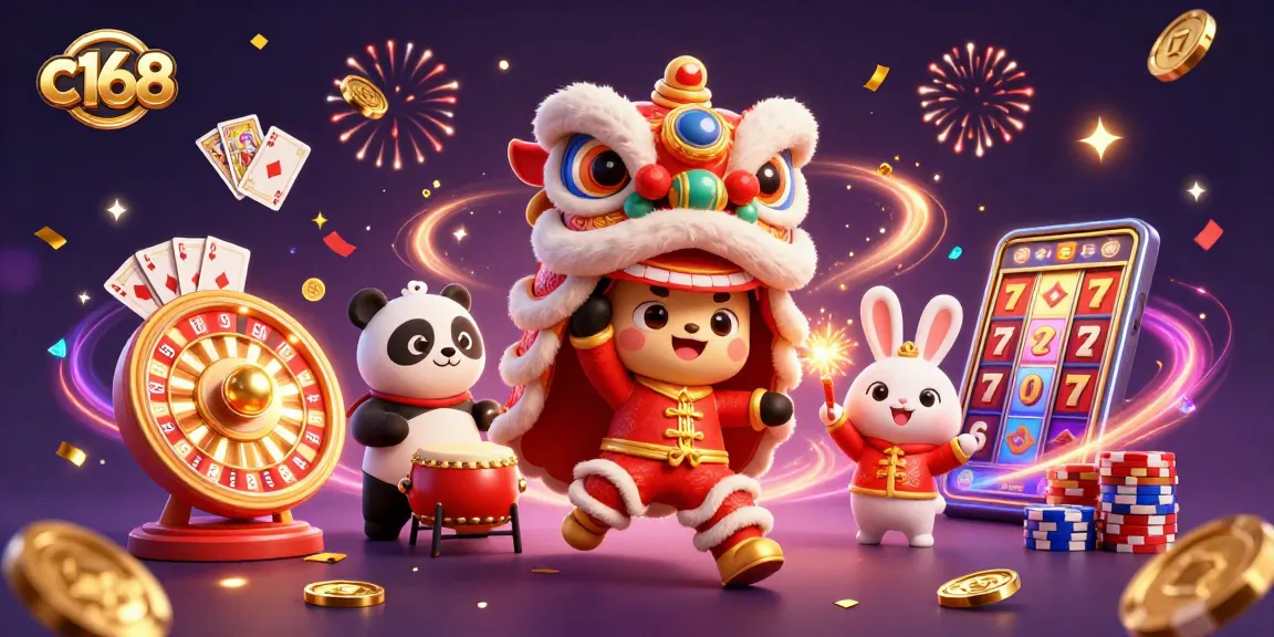 c168 spins winning reels with a lively lion dance, vibrant casino scene full of excitement