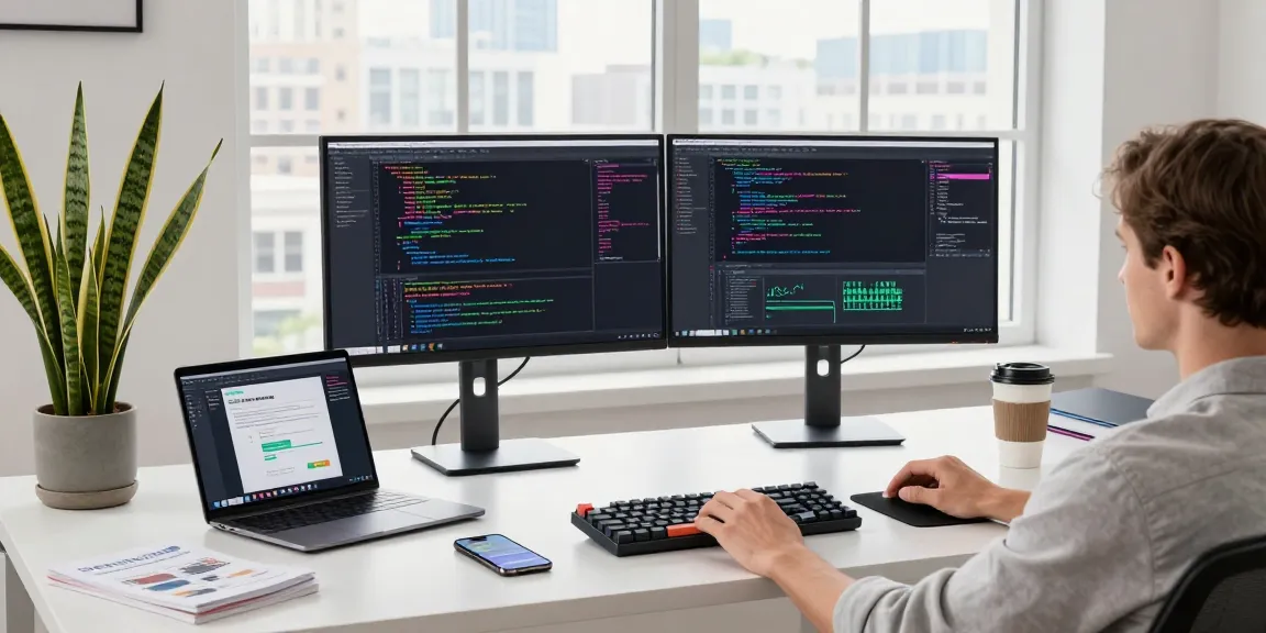 快连 VPN user enhancing productivity in a modern tech workspace filled with coding tools and natural light.