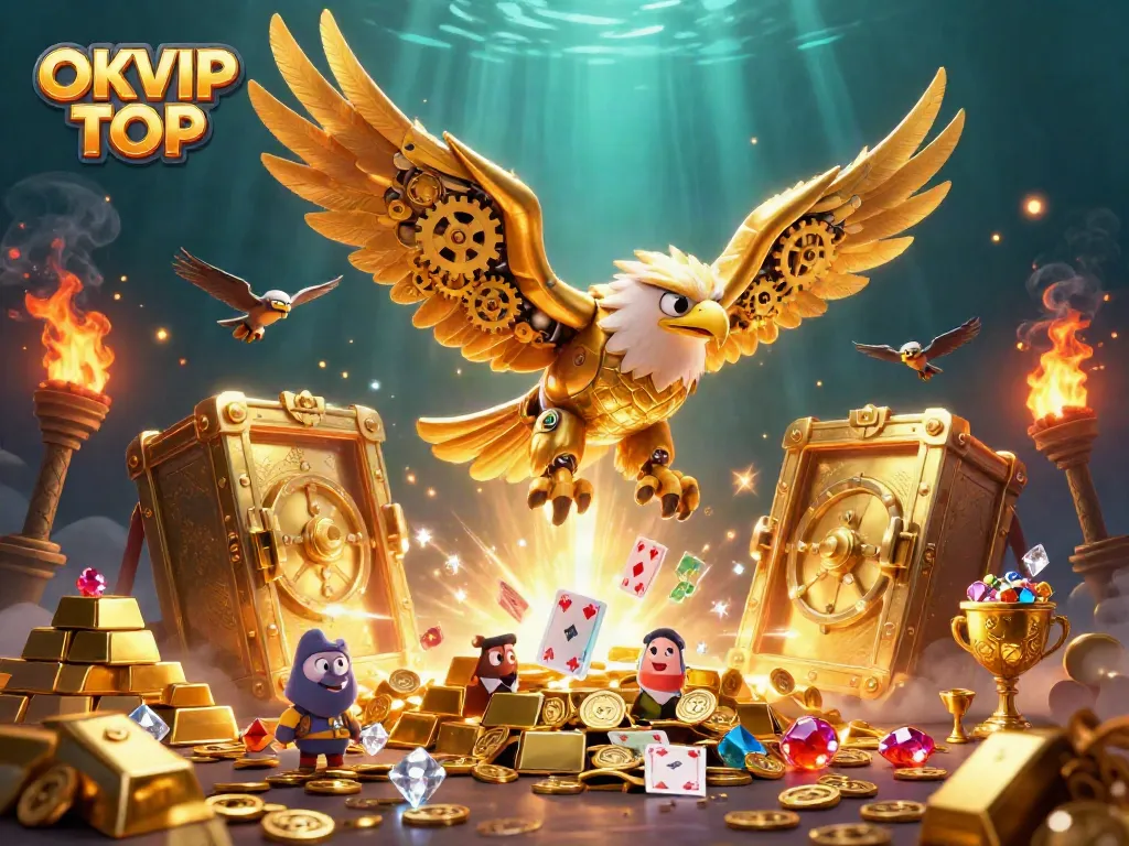 Experience the excitement at OKVIP TOP with a golden eagle soaring among treasures and gaming cards.