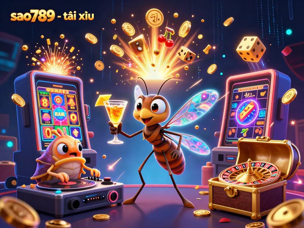Engage in thrilling sao789 - tài xỉu gaming experience amidst vibrant casino elements and dynamic characters.
