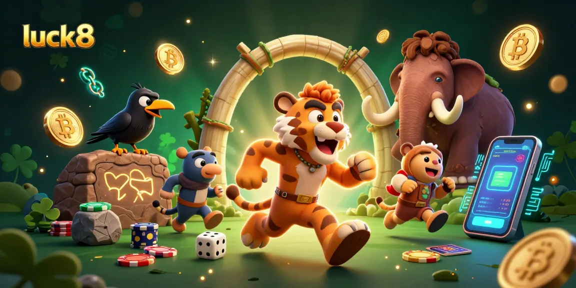 Experience luck8 adventures in a vibrant prehistoric casino with unique characters and digital elements.