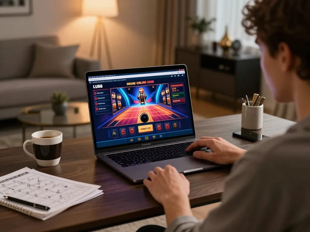 LU88 online casino gaming session at a cozy home setup with strategic notes and coffee.
