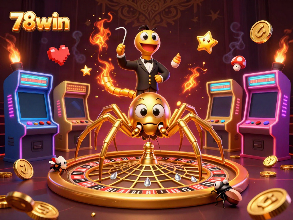 Engage with 78win's vibrant casino atmosphere featuring a golden web roulette and animated game elements.