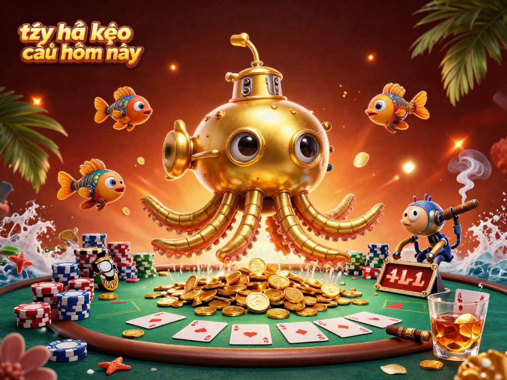 Engage in thrilling betting with tỷ lệ kèo nhà cái hôm nay, illustrated by a golden kraken submarine amidst vibrant casino elements.