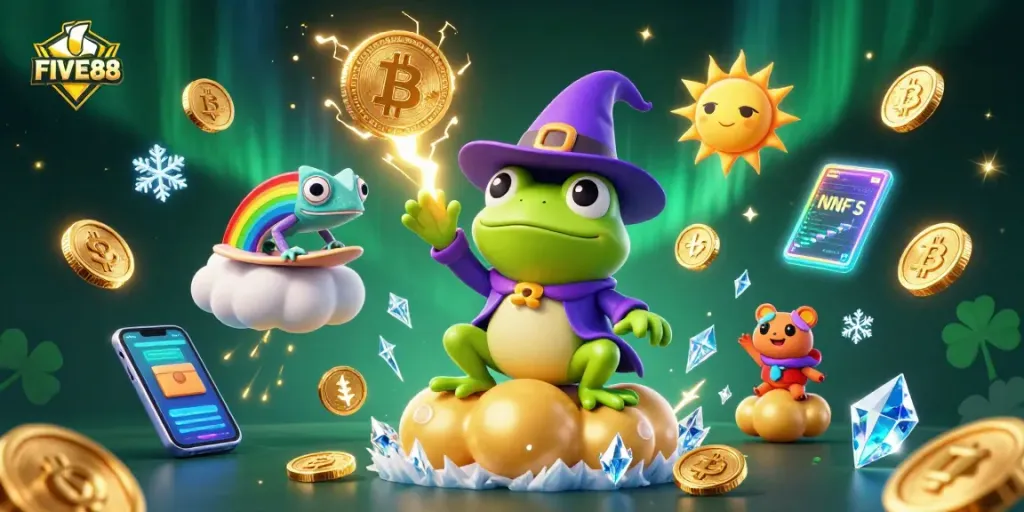 Experience the thrill of FIVE88 with vibrant casino characters and elements in an exciting digital illustration.