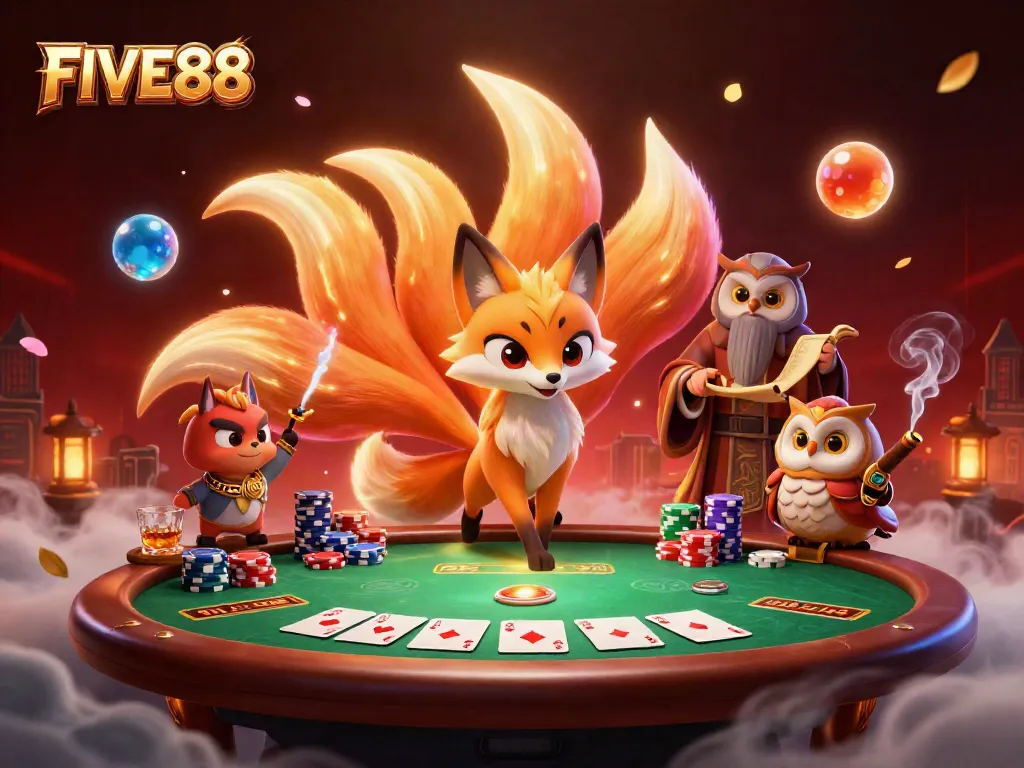 Engage in thrilling FIVE88 casino adventures with vibrant characters and poker elements.