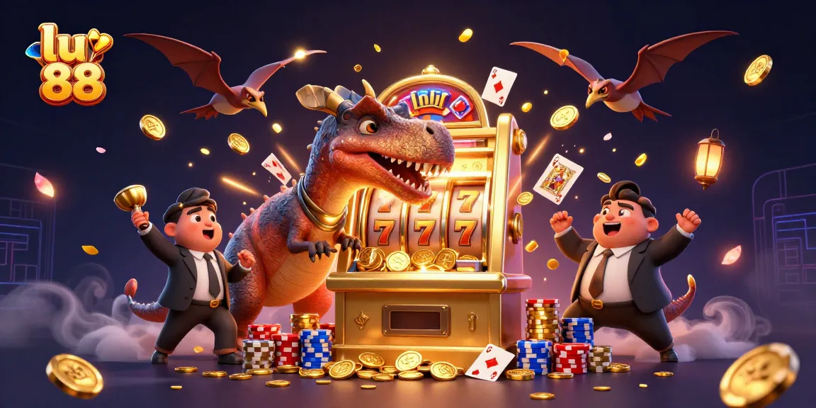 Experience the excitement of lu 88 as the pachycephalosaurus activates a slot machine, surrounded by golden coins.