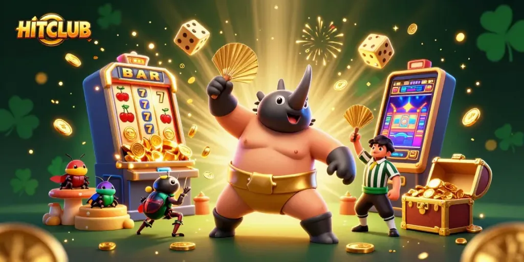 Hitclub champions celebrate jackpot wins in a vibrant, dynamic casino scene with golden coins flying.
