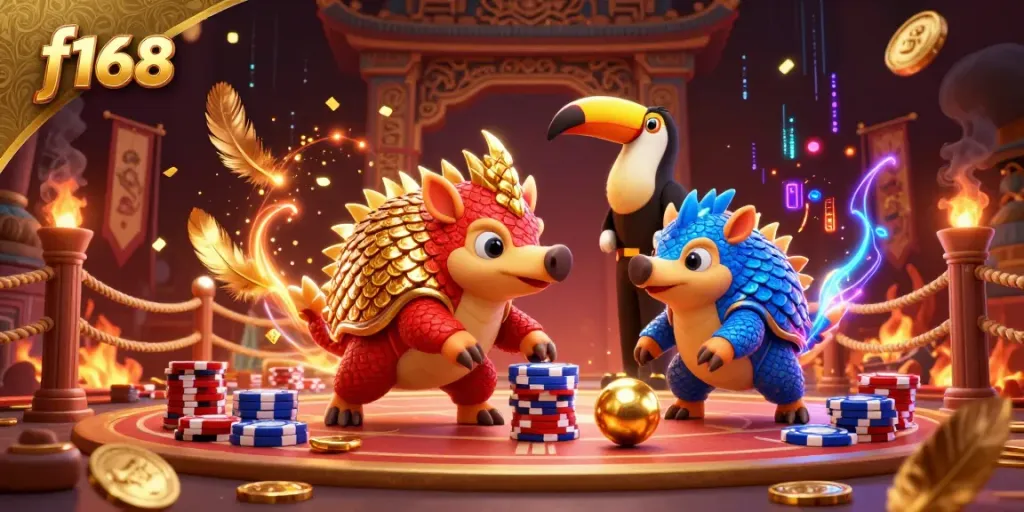 Pangolins bowling through poker chips at f168, with an energetic toucan referee and vibrant decorations.