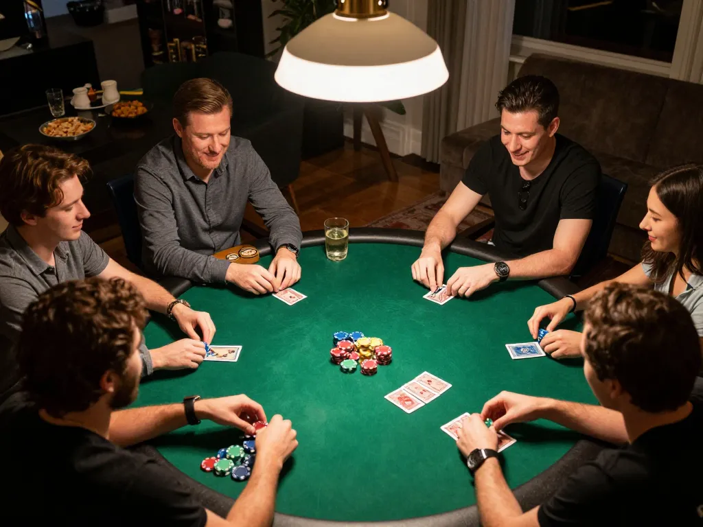 Co88 players engaged in a lively home poker night showcasing camaraderie and strategic gameplay