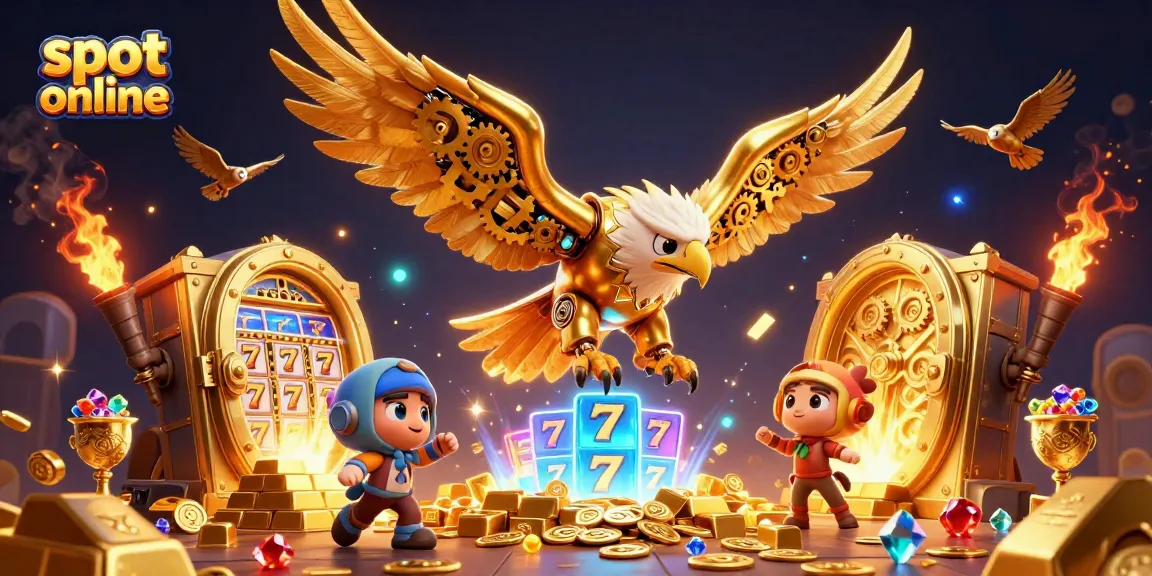 Mainkan slot online dengan ilustrasi 3D burung elang emas dan elemen permainan yang mengagumkan.