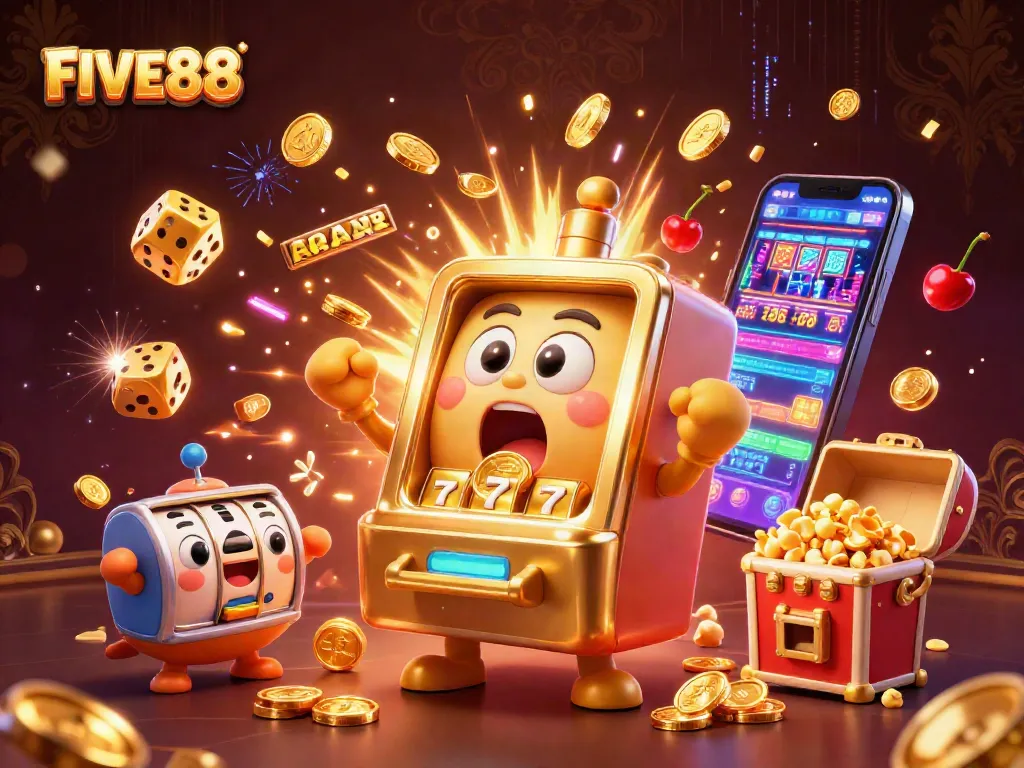 Experience the excitement of FIVE88 with a golden slot machine jackpot scene full of action and vibrant animations