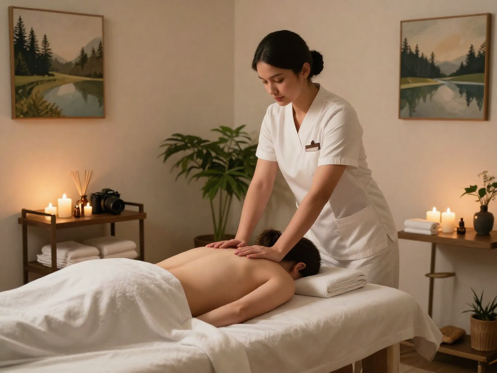 Experience 용산출장안마 in a tranquil massage therapy room with calming aromas and soft lighting.