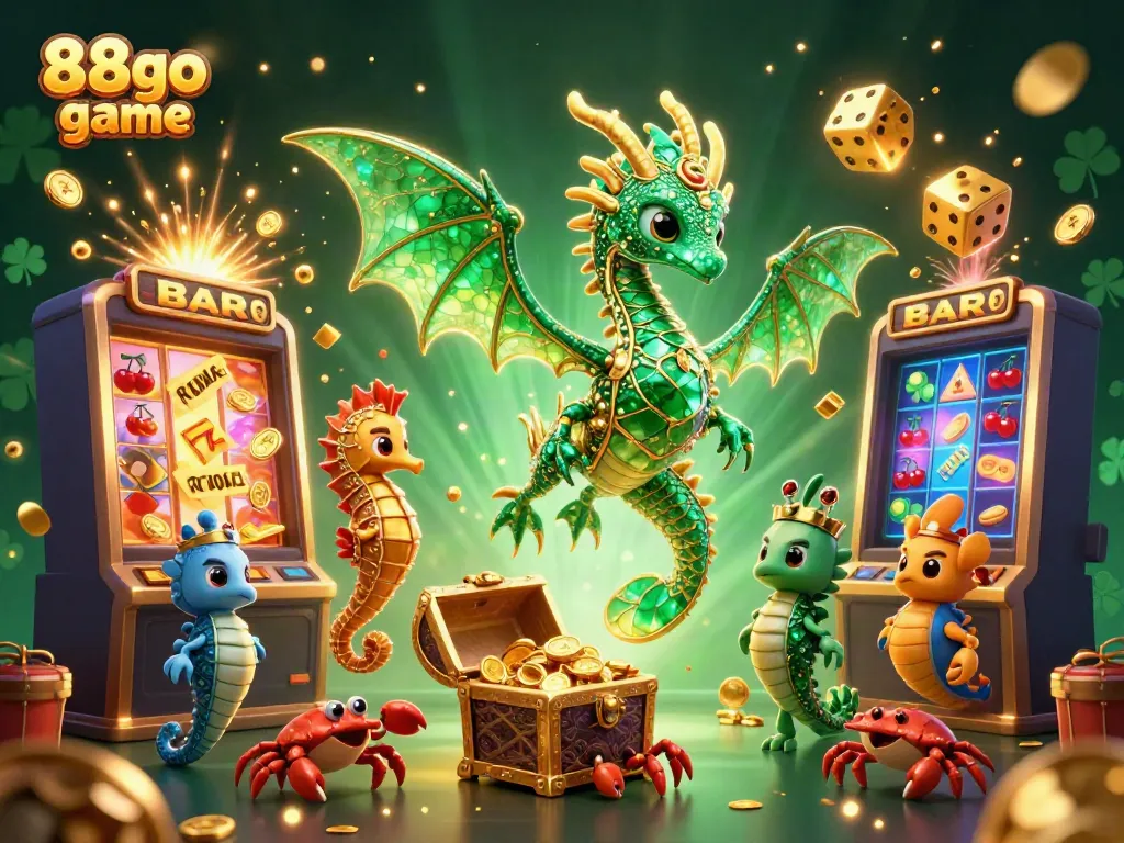 Engage with the 88go game in a vibrant casino scene featuring an emerald sea dragon and treasure.