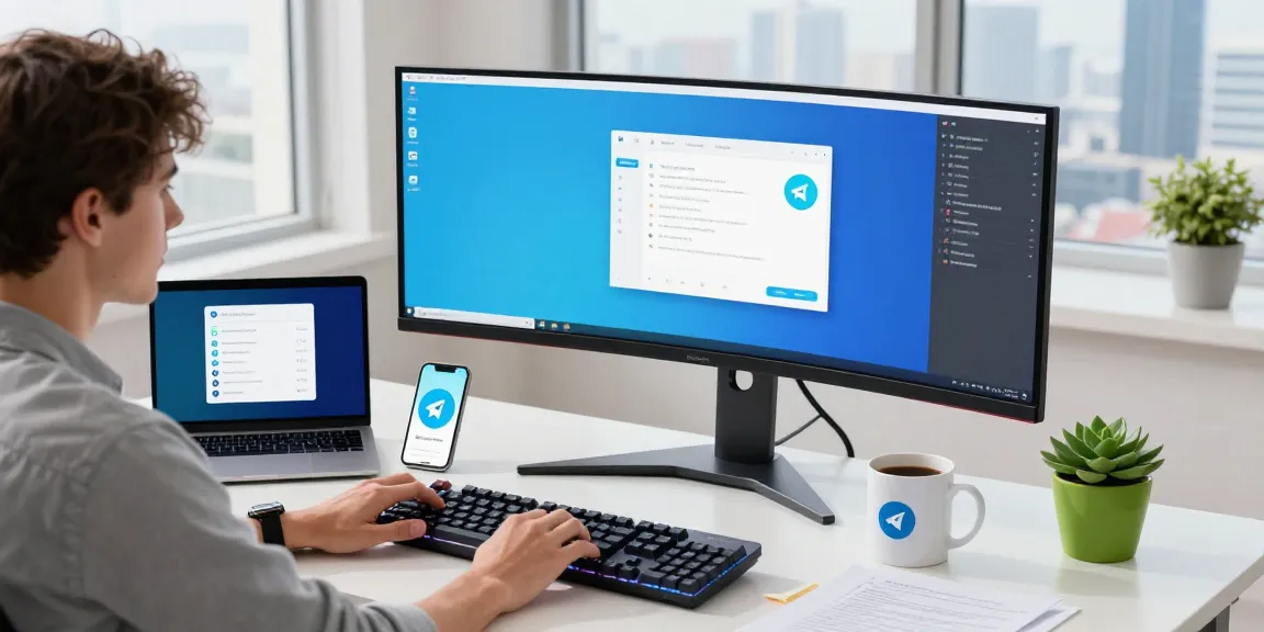Focused workspace with developer using Telegram下载 on dual screens and modern tech setup.