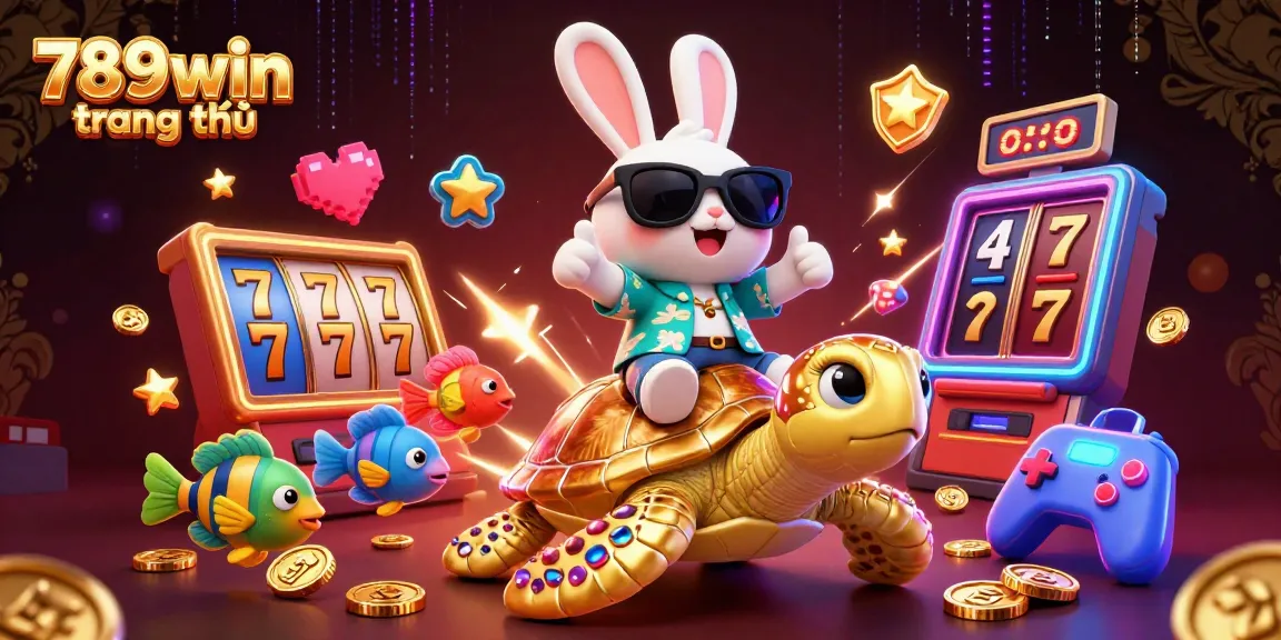 Join the fun at 789win trang chủ with lucky rabbit and golden turtle among slot reels and colorful gaming elements!