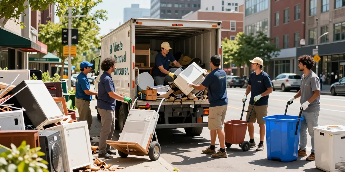 Eco-friendly waste removal professionals in Vancouver loading discarded items into a truck during a bright urban day.