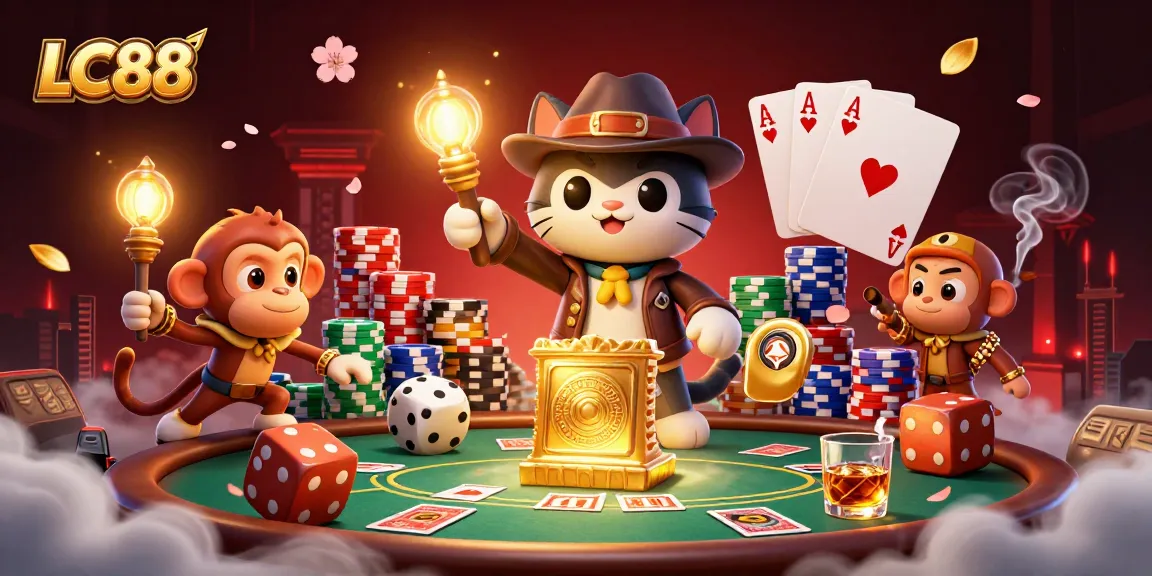 LC88 showcases a cartoon archaeologist cat exploring a casino artifact, surrounded by poker elements.