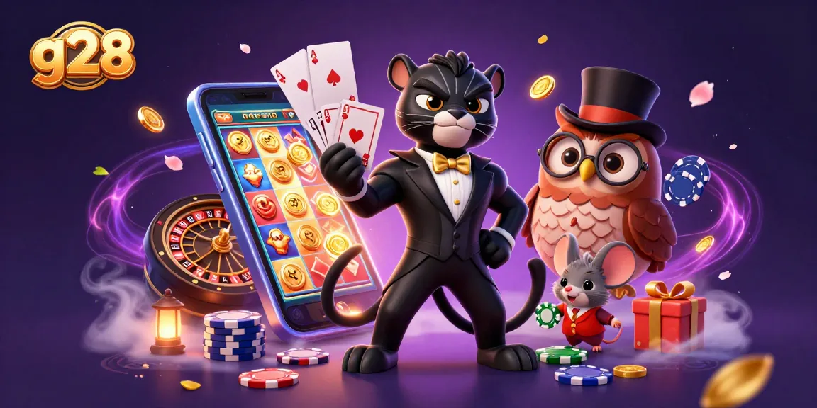 Engage with g28's lively cartoon scene featuring a tuxedoed panther, owl, and mouse in a vibrant casino