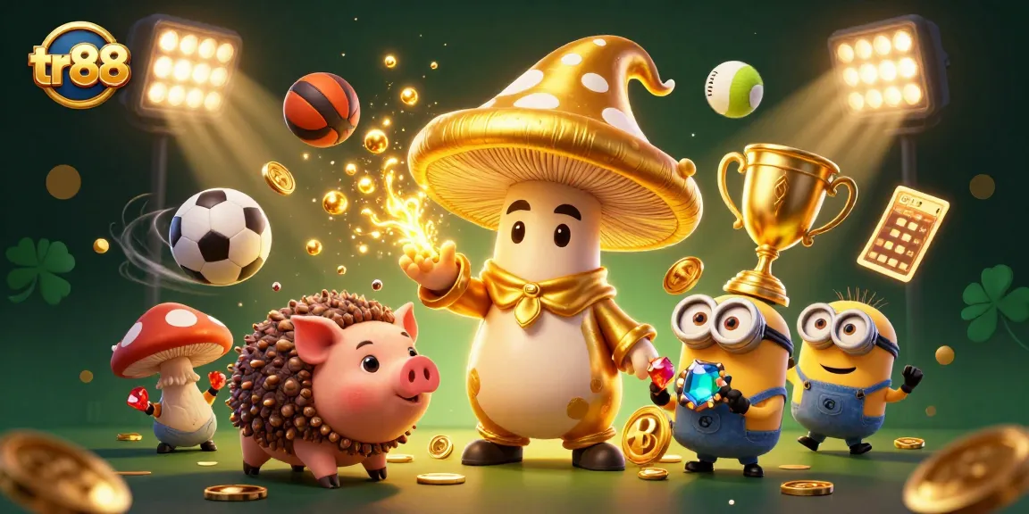Engage with tr88's gaming magic featuring a wizard, treasure pig, and dynamic sports elements.