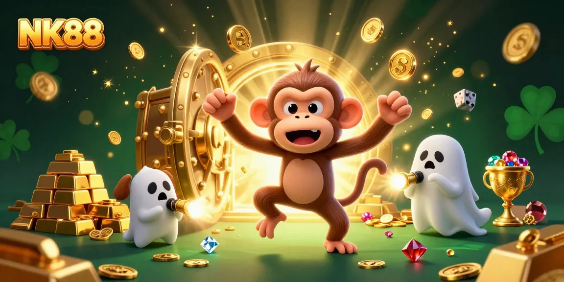 Engage with thrilling casino antics at NK88, as a mischievous monkey juggles golden treasures while a curious puppy tracks it in a haunted casino.