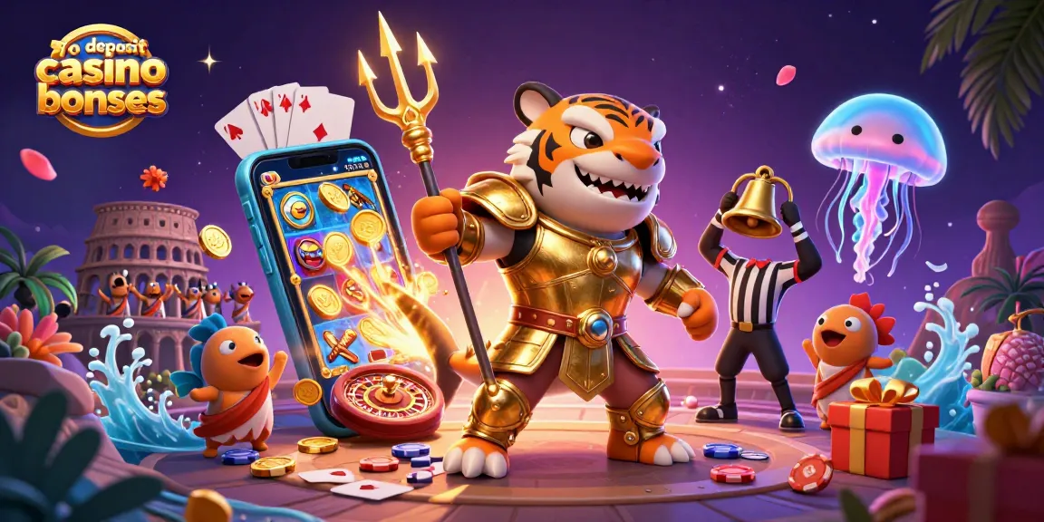 Engage with no deposit casino bonuses featuring a gladiator shark and dynamic gambling elements.