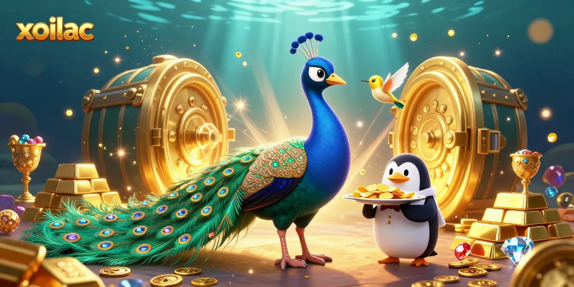 Experience the vibrant xoilac scene with cartoon characters amid gold and gems in a casino setting.