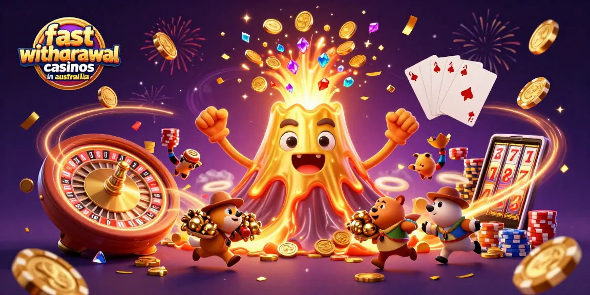 Engage with fast withdrawal casinos in Australia, showcasing a vibrant casino scene with lively characters.