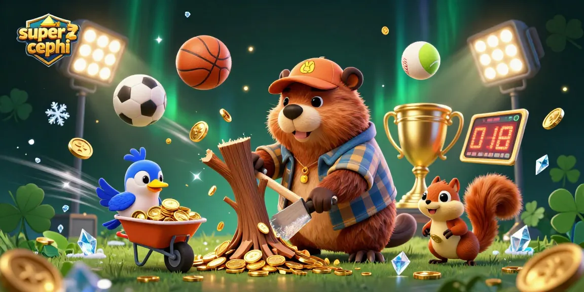 Experience rewarding gameplay with superacephi as beaver chops a tree raining coins in a dynamic betting scene.