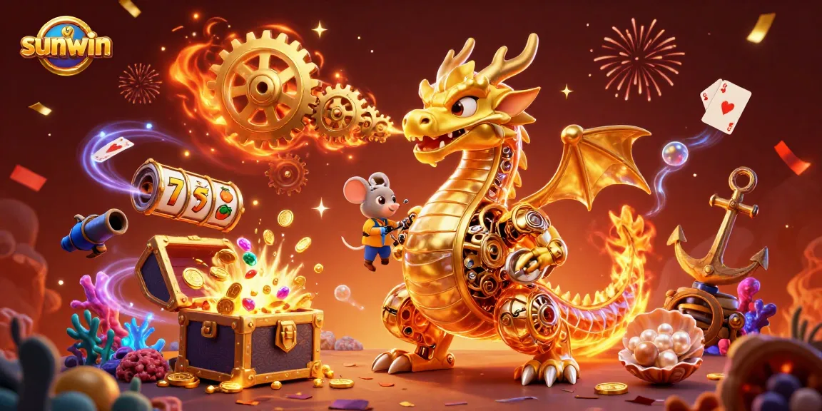 Experience thrilling gaming with sunwin's golden dragon and vibrant slot elements in a dynamic casino scene.
