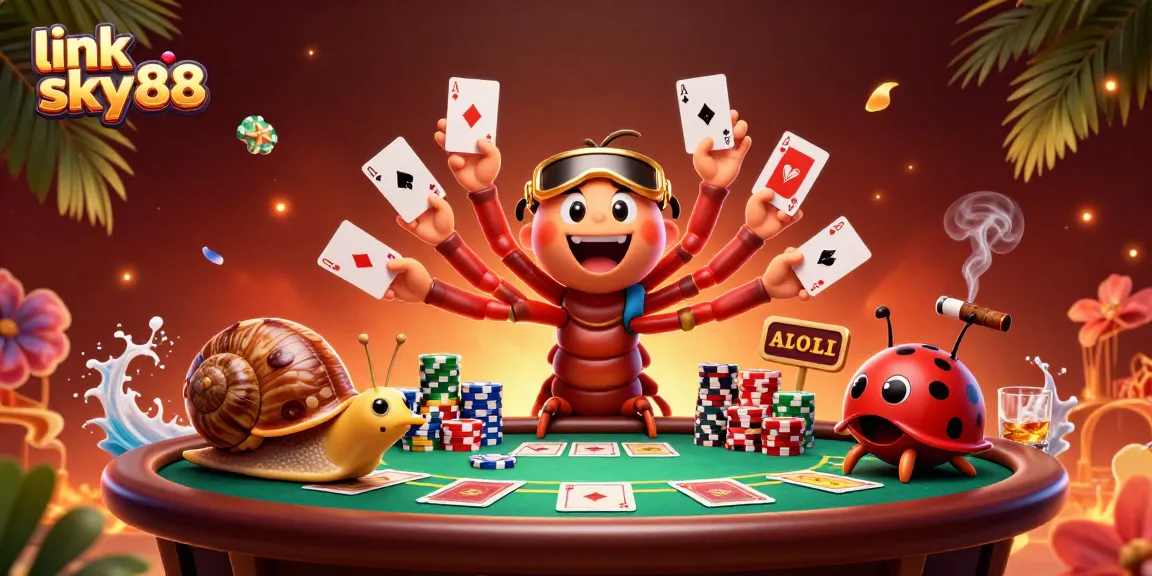 Experience the thrill of link sky88 with a vibrant 3D casino scene of a millipede dealer and high-roller snail.