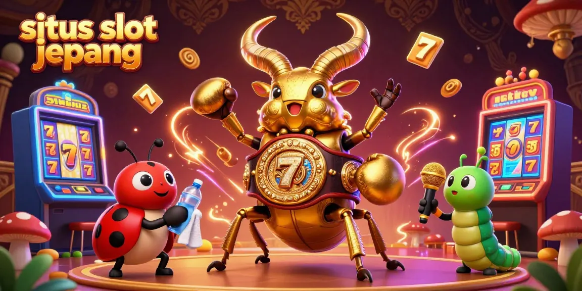 Situs slot jepang character illustration featuring a golden stag beetle boxer and colorful slot machines.