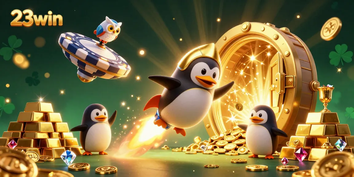 Engage with 23win's vibrant scene featuring a golden penguin and treasures in a cosmic casino adventure.