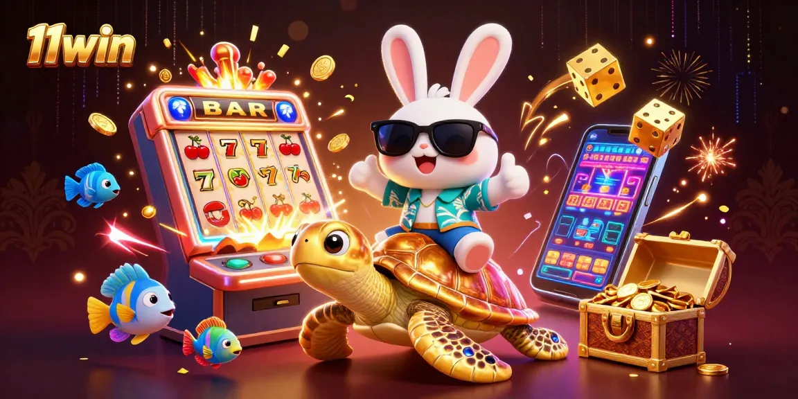 Engage in exciting wins with 11win's vibrant jackpot scene featuring a lucky rabbit and golden turtle.